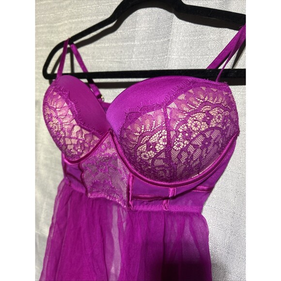 Victoria's Secret Babydoll Bra 36D Sexy Pink Purple Sheer Lace Padded Lingerie - Picture 9 of 9